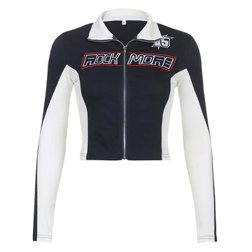 2024 Slim And Thin Personality Street Cool Fashion Letter Printing Motorcycle Style Blue And White Coat